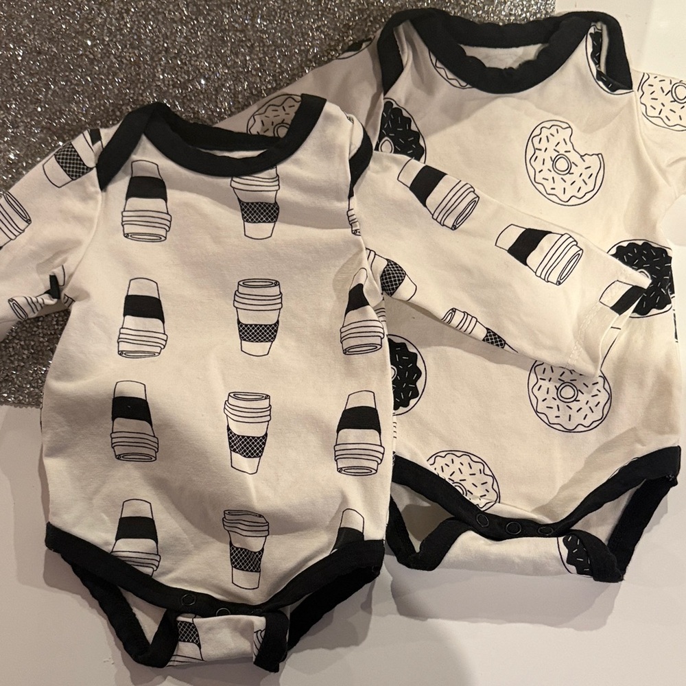 Monica and Andy. NB. Black and White Coffee and Donut Print Kids One Piece Set.